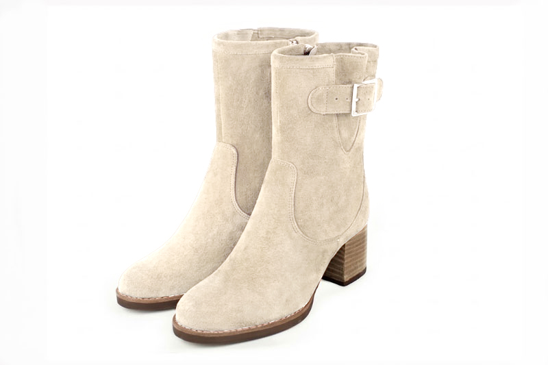 Women's cream side-buckle ankle boots with round toe and mid block heel - Front view